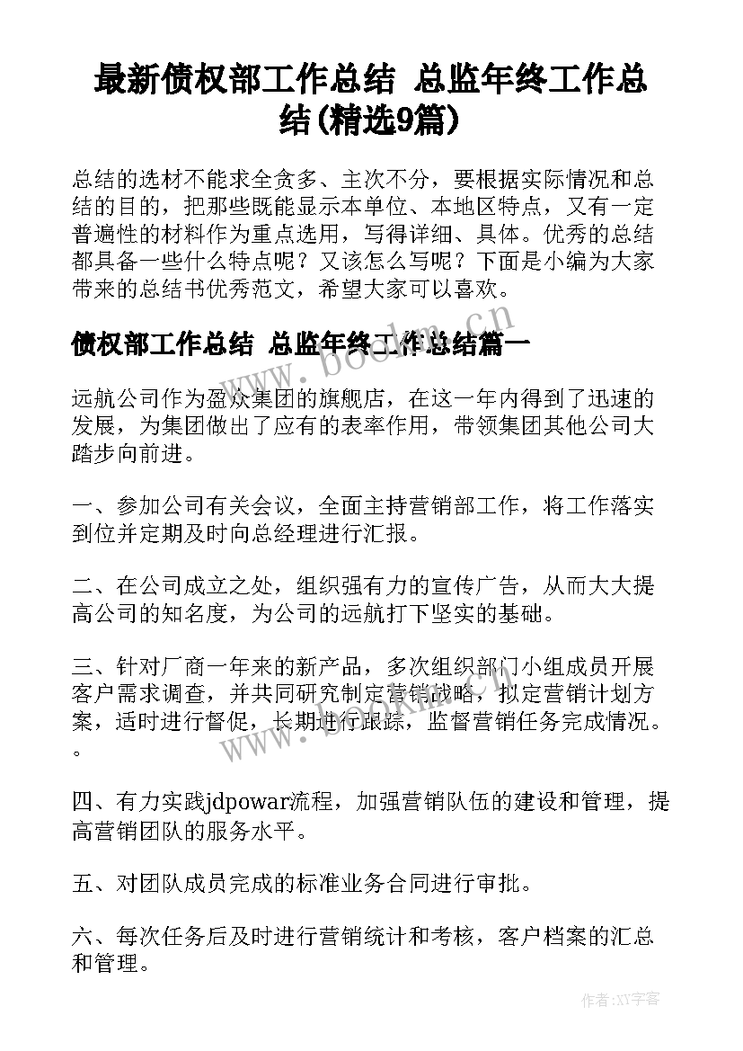 最新债权部工作总结 总监年终工作总结(精选9篇)