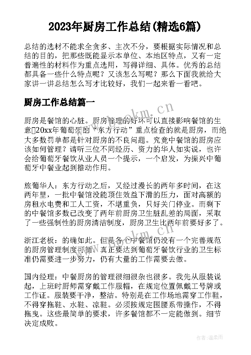 2023年厨房工作总结(精选6篇)