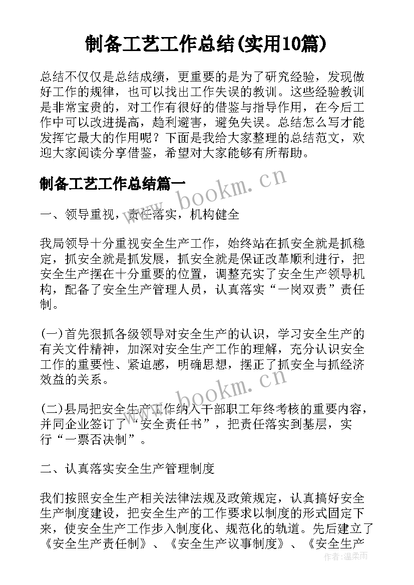 制备工艺工作总结(实用10篇)