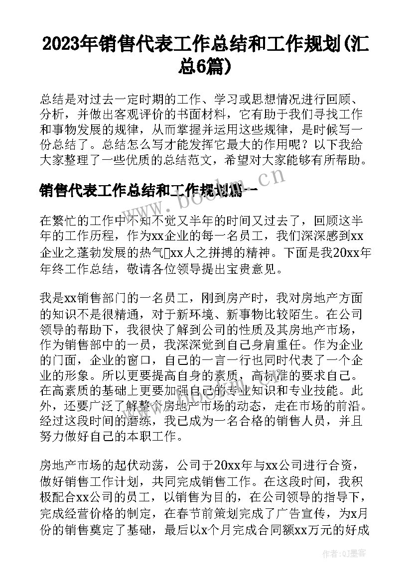 2023年销售代表工作总结和工作规划(汇总6篇)