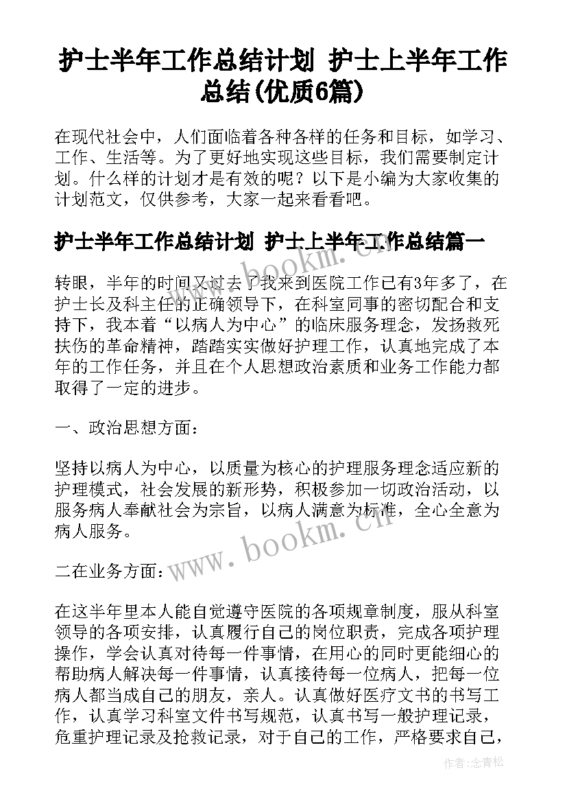 护士半年工作总结计划 护士上半年工作总结(优质6篇)