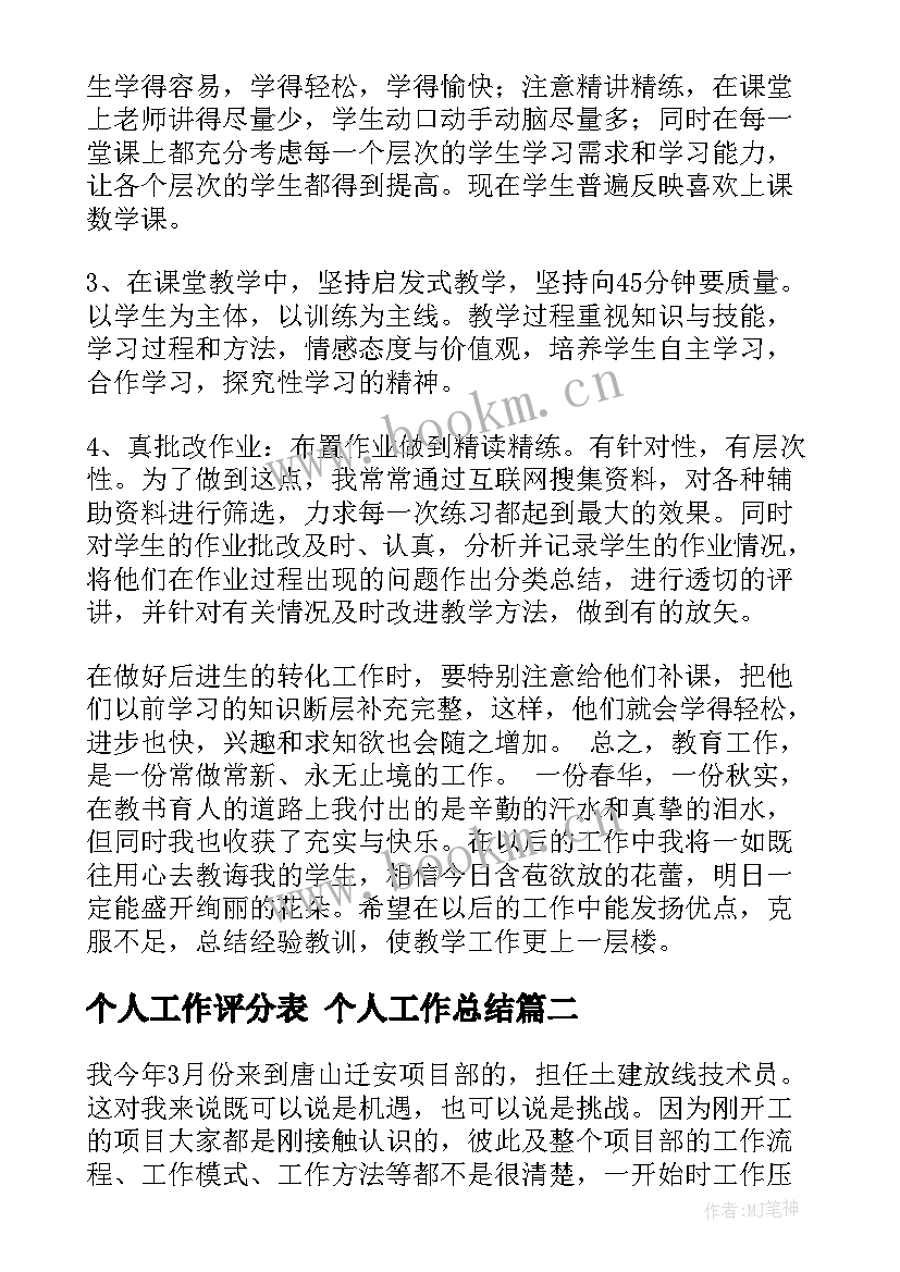 个人工作评分表 个人工作总结(模板7篇)