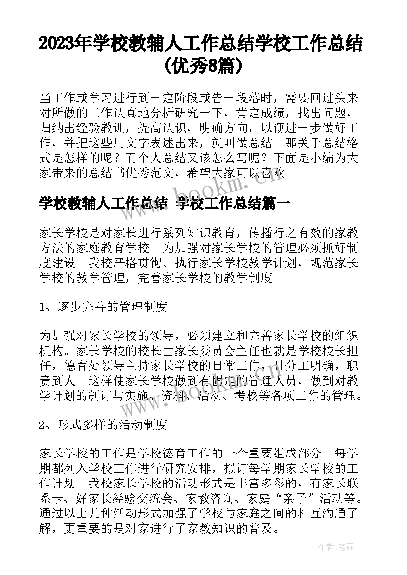 2023年学校教辅人工作总结 学校工作总结(优秀8篇)