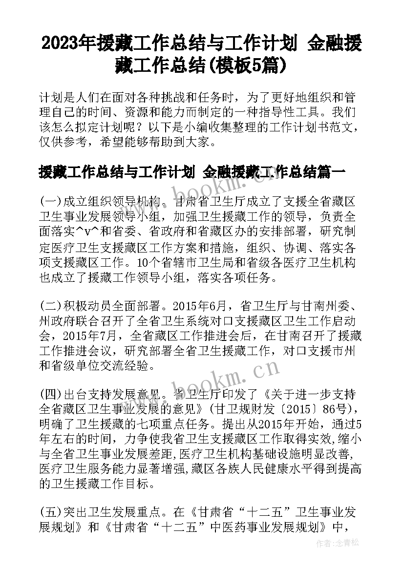 2023年援藏工作总结与工作计划 金融援藏工作总结(模板5篇)