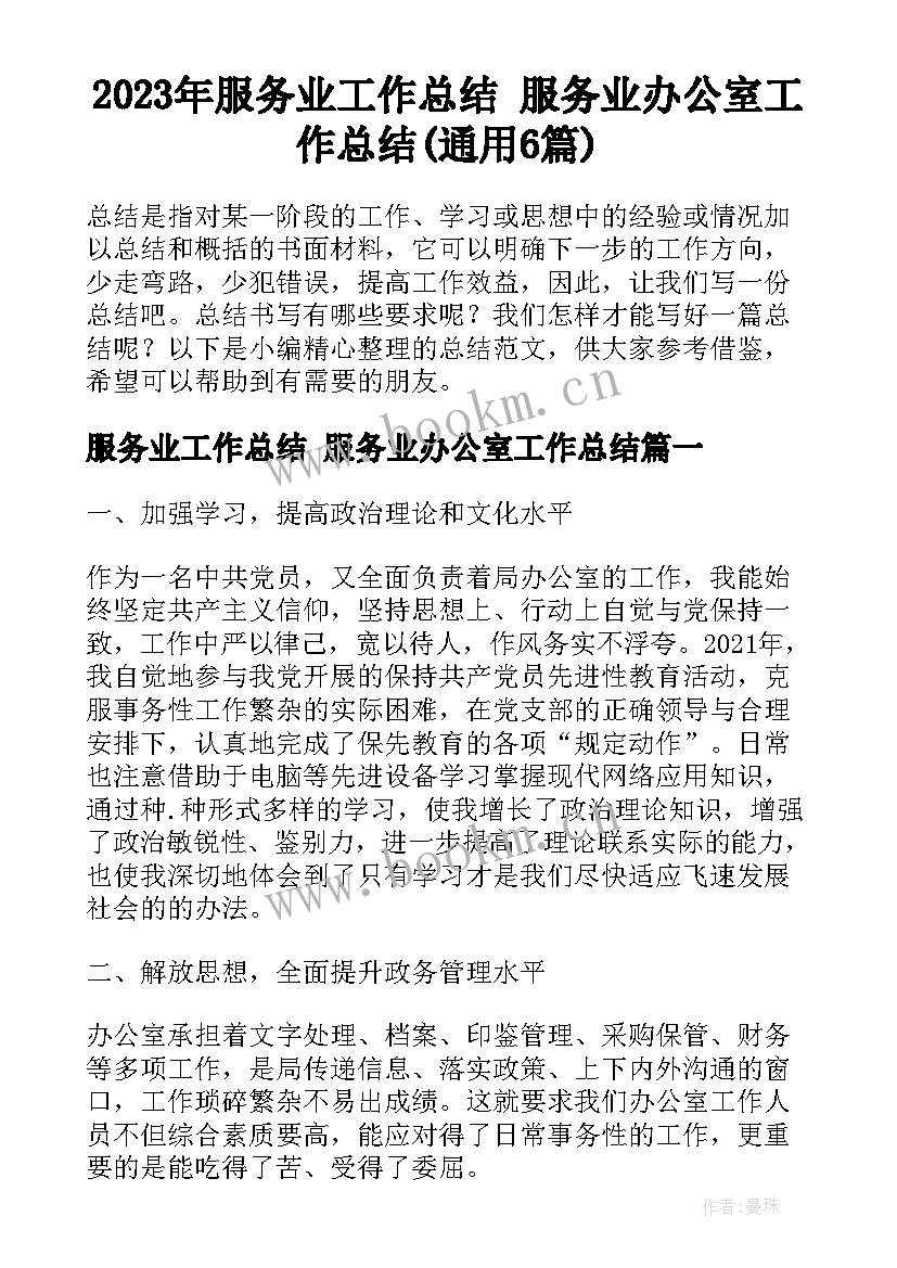 2023年服务业工作总结 服务业办公室工作总结(通用6篇)