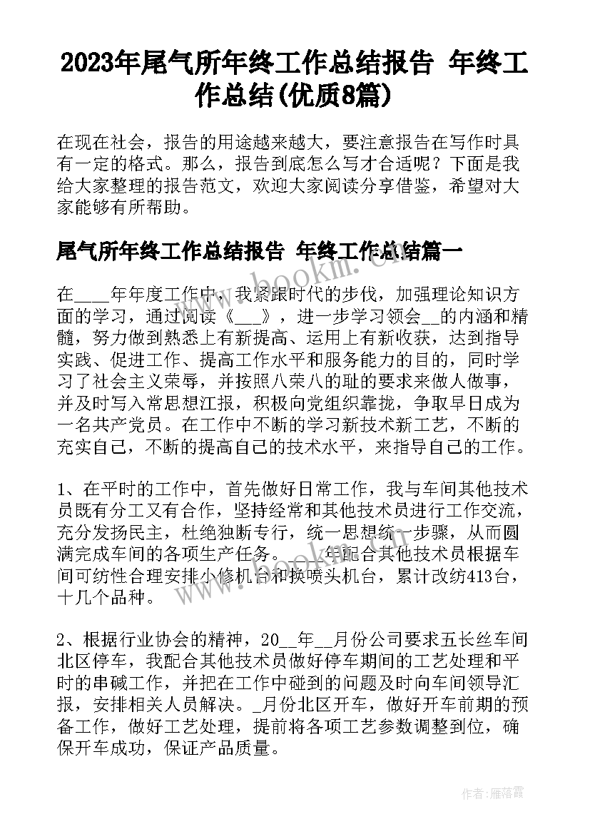 2023年尾气所年终工作总结报告 年终工作总结(优质8篇)