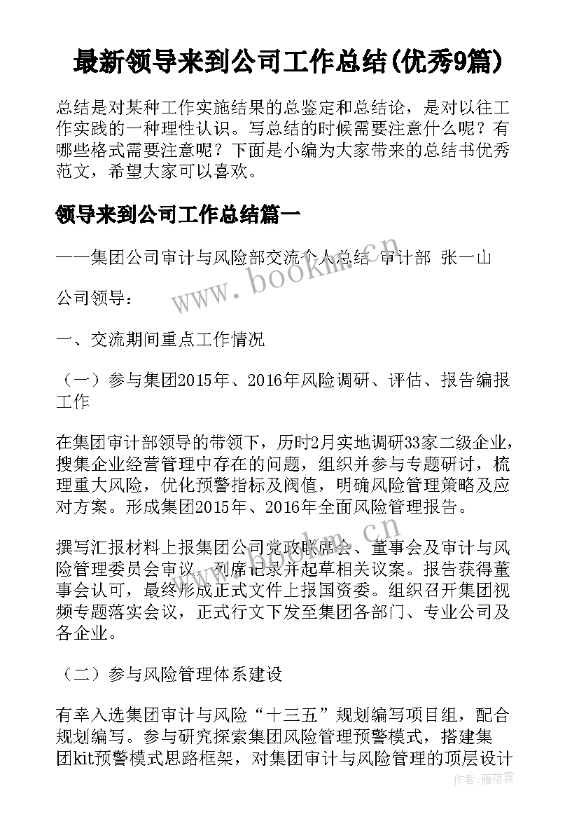 最新领导来到公司工作总结(优秀9篇)