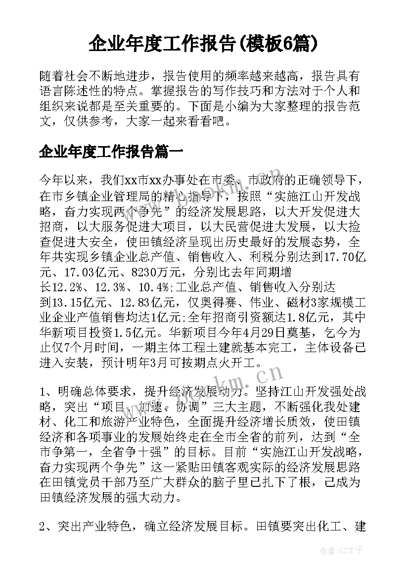 企业年度工作报告(模板6篇)