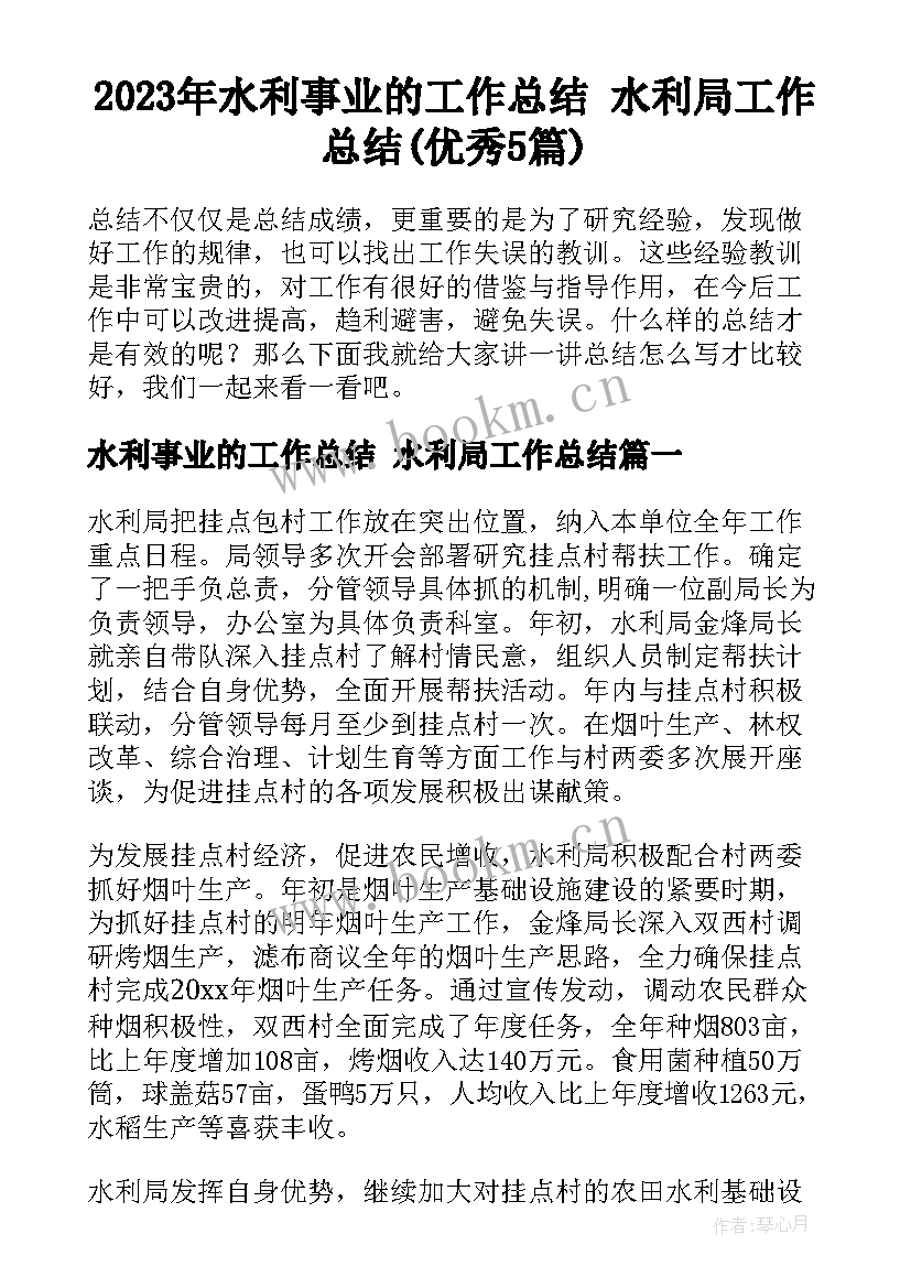 2023年水利事业的工作总结 水利局工作总结(优秀5篇)