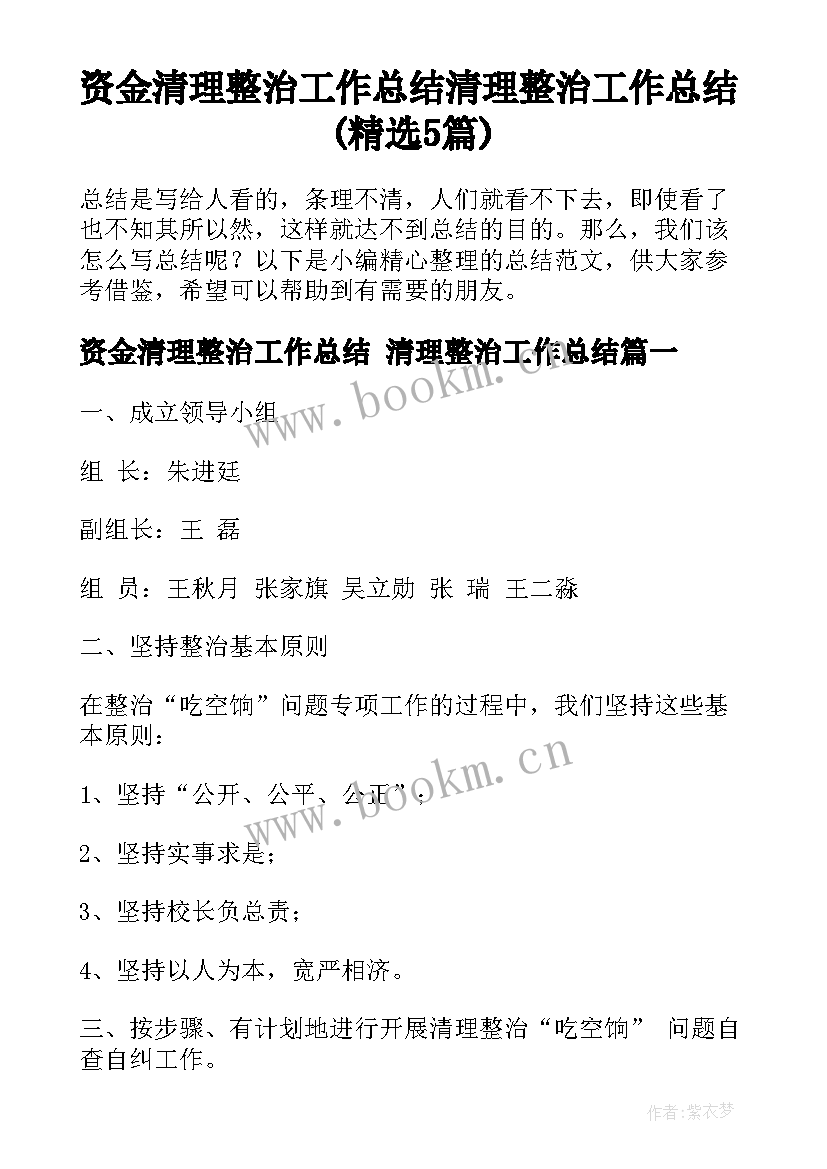 资金清理整治工作总结 清理整治工作总结(精选5篇)