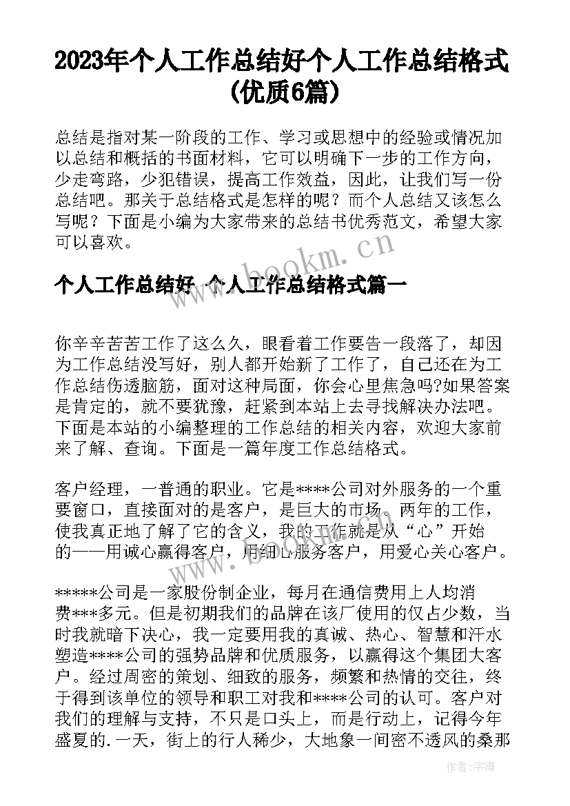 2023年个人工作总结好 个人工作总结格式(优质6篇)