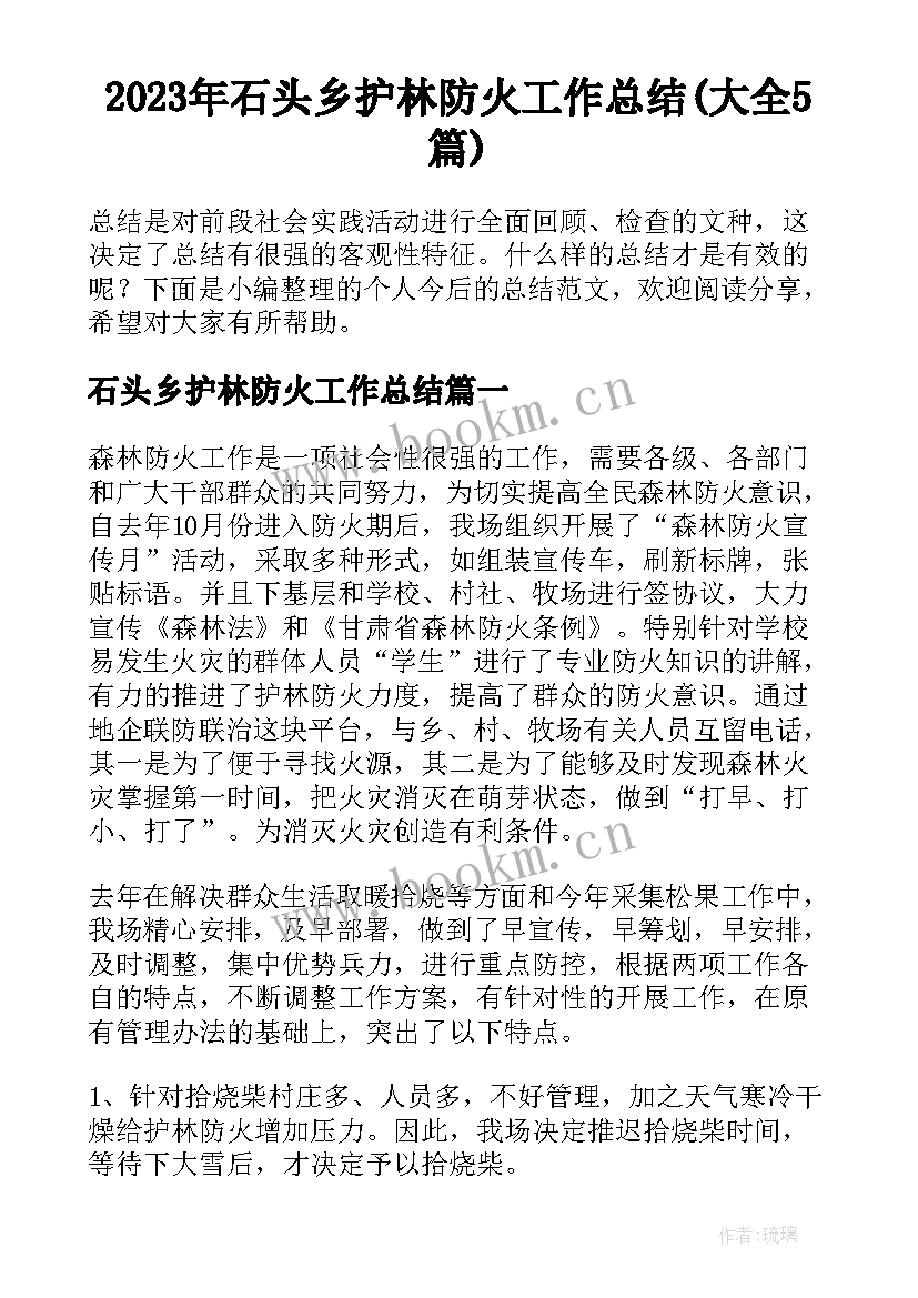 2023年石头乡护林防火工作总结(大全5篇)