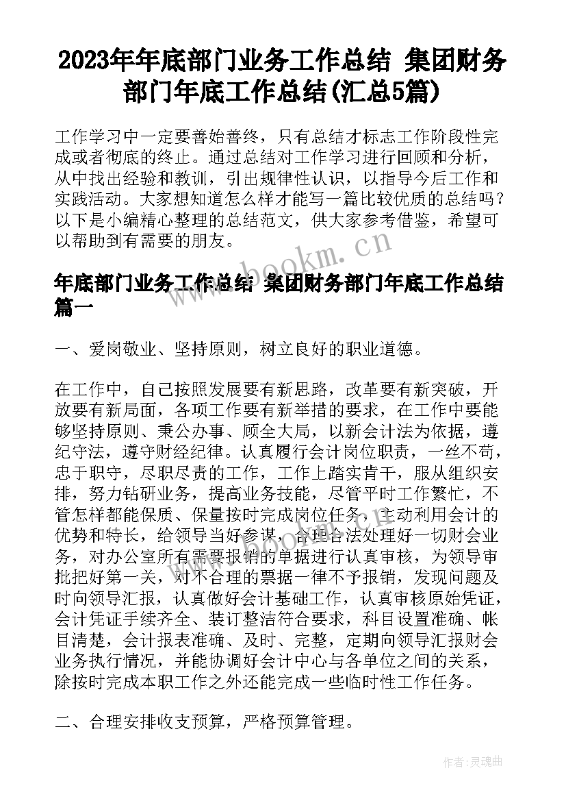 2023年年底部门业务工作总结 集团财务部门年底工作总结(汇总5篇)