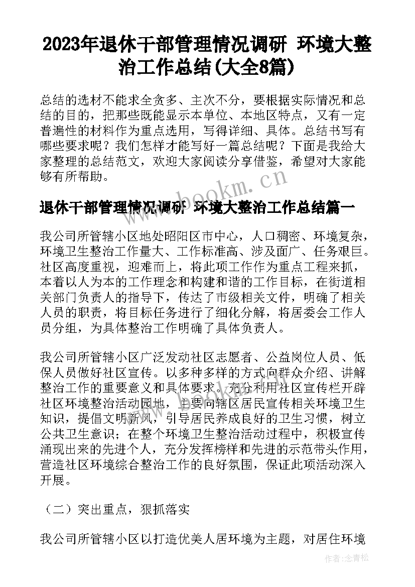 2023年退休干部管理情况调研 环境大整治工作总结(大全8篇)