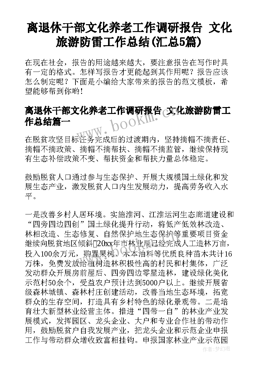 离退休干部文化养老工作调研报告 文化旅游防雷工作总结(汇总5篇)