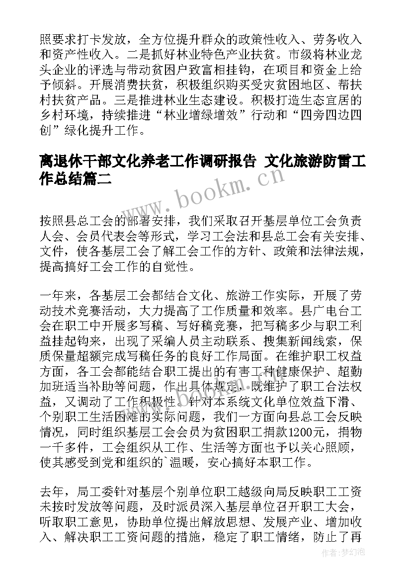 离退休干部文化养老工作调研报告 文化旅游防雷工作总结(汇总5篇)