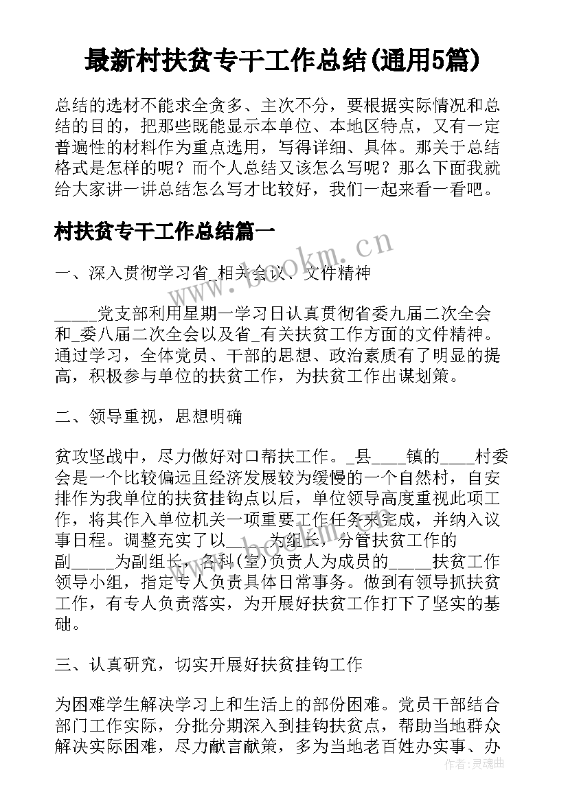 最新村扶贫专干工作总结(通用5篇)