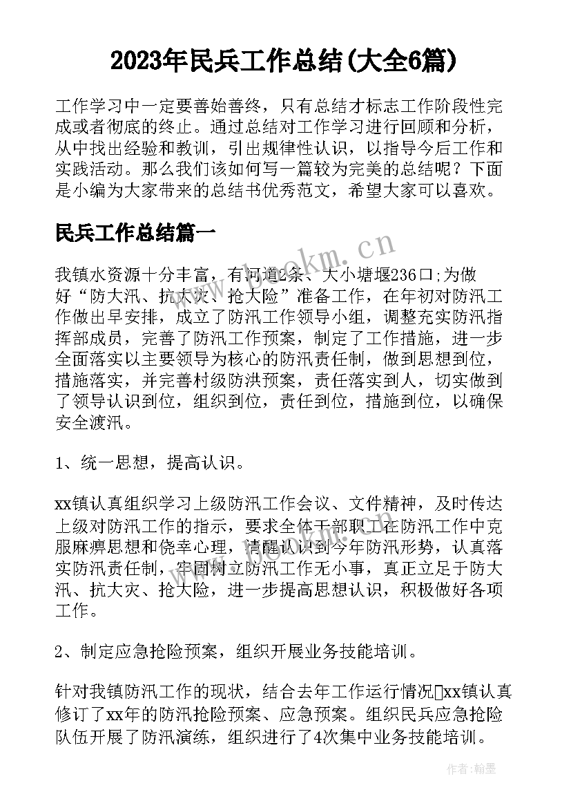 2023年民兵工作总结(大全6篇)