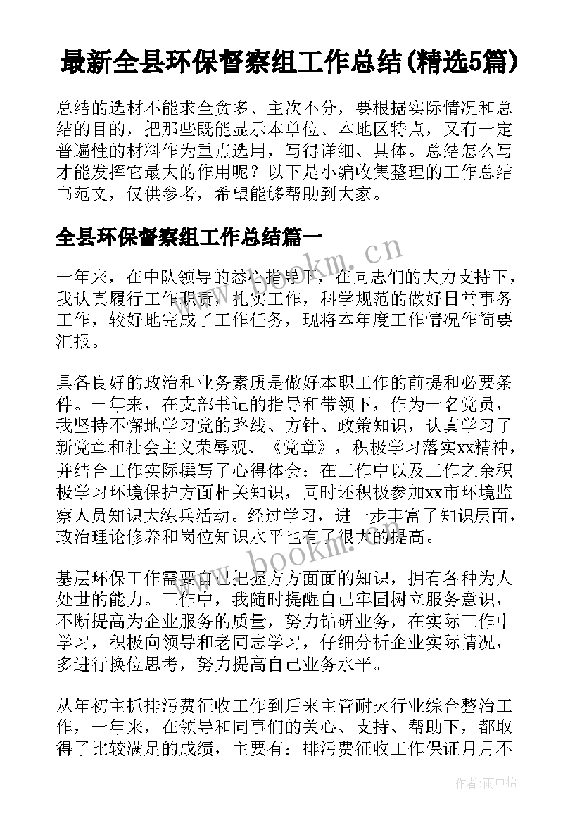 最新全县环保督察组工作总结(精选5篇)