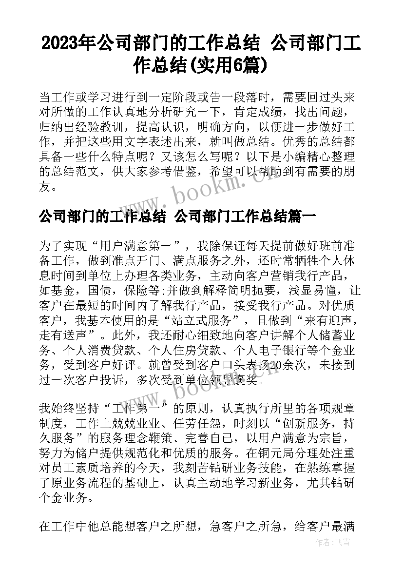 2023年公司部门的工作总结 公司部门工作总结(实用6篇)