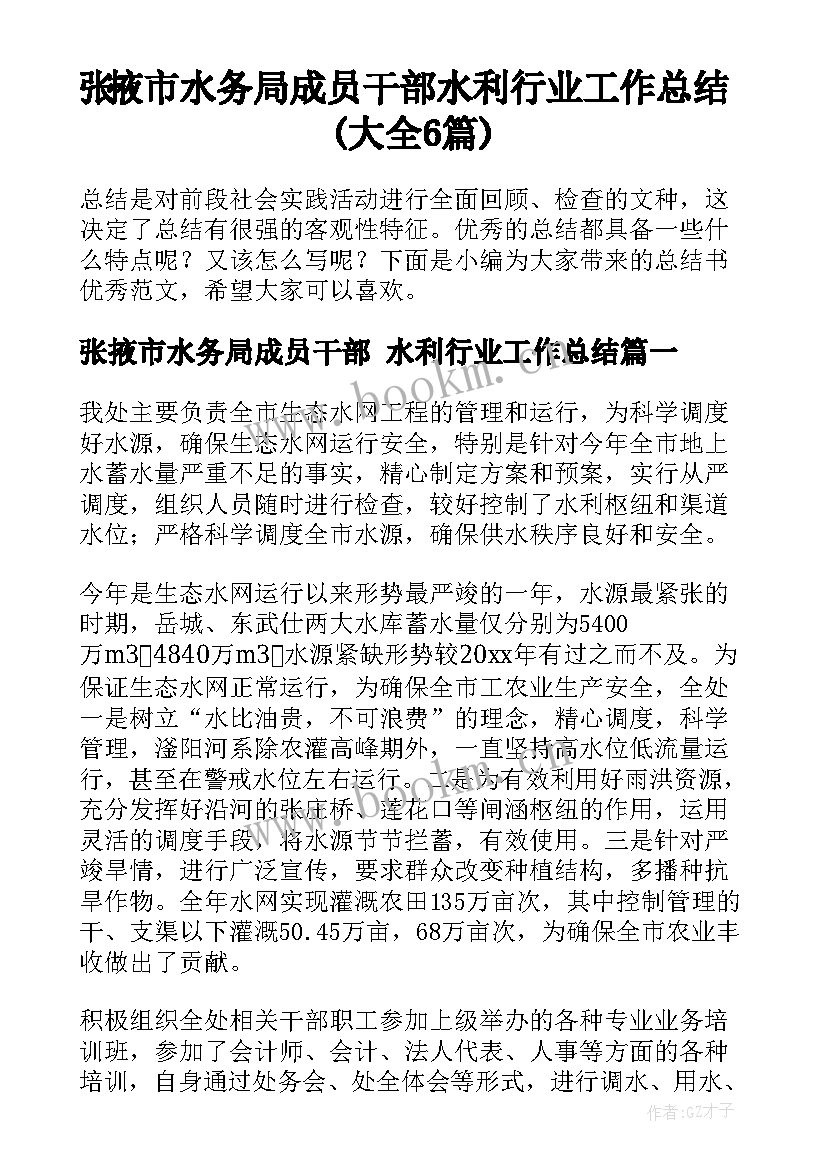 张掖市水务局成员干部 水利行业工作总结(大全6篇)