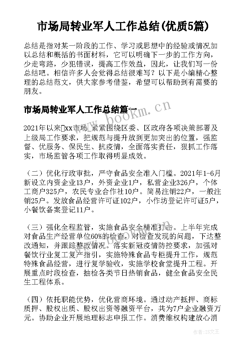 市场局转业军人工作总结(优质5篇)