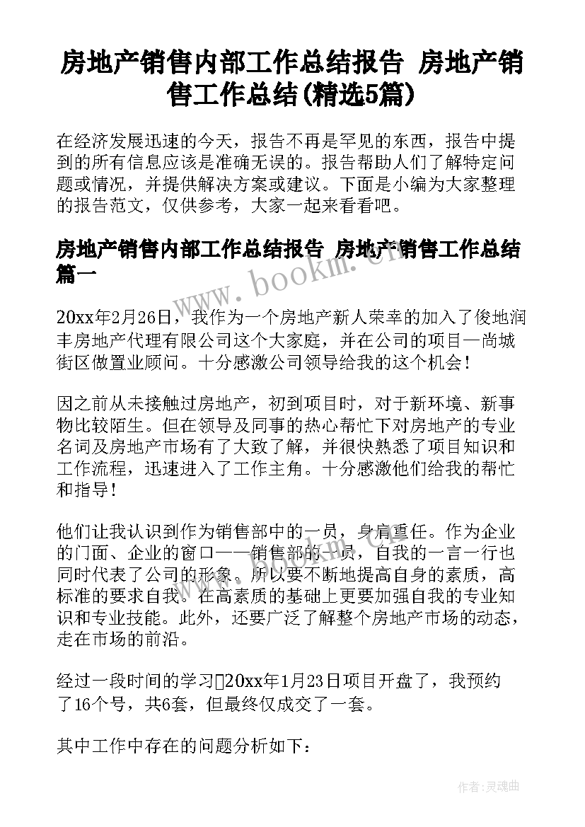 房地产销售内部工作总结报告 房地产销售工作总结(精选5篇)