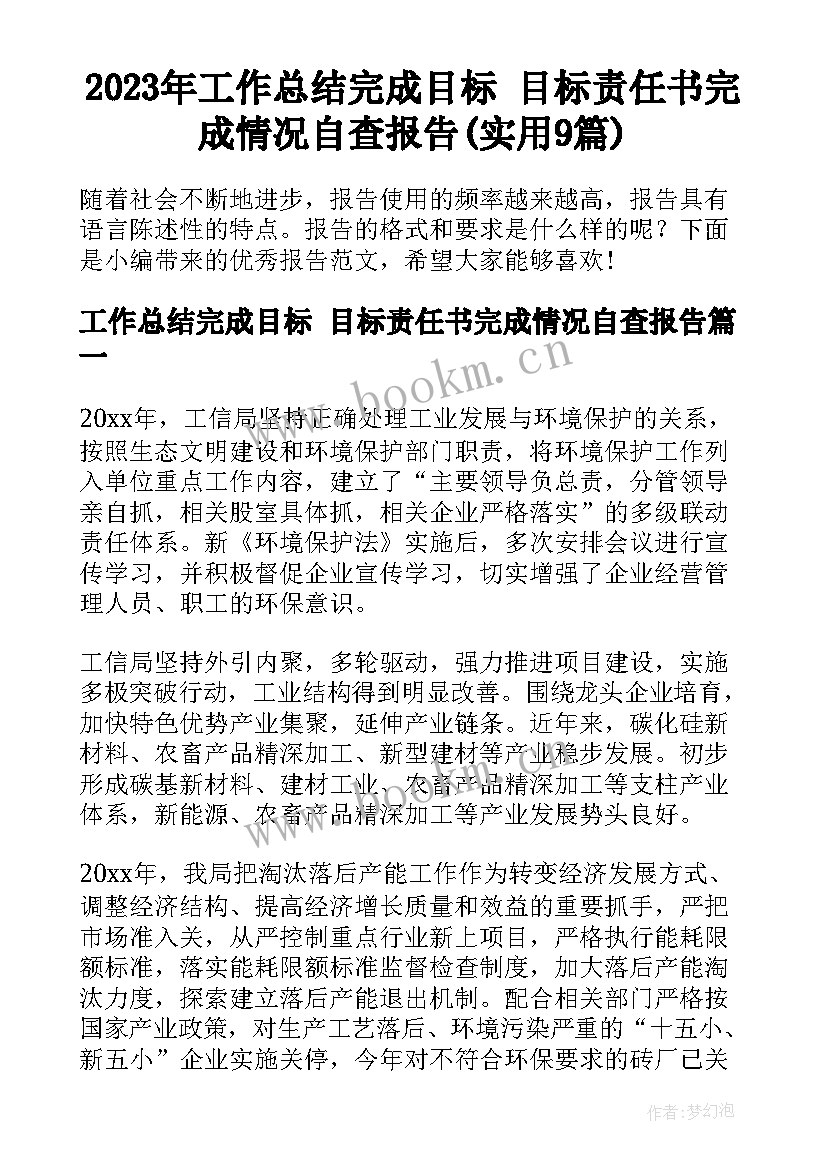 2023年工作总结完成目标 目标责任书完成情况自查报告(实用9篇)