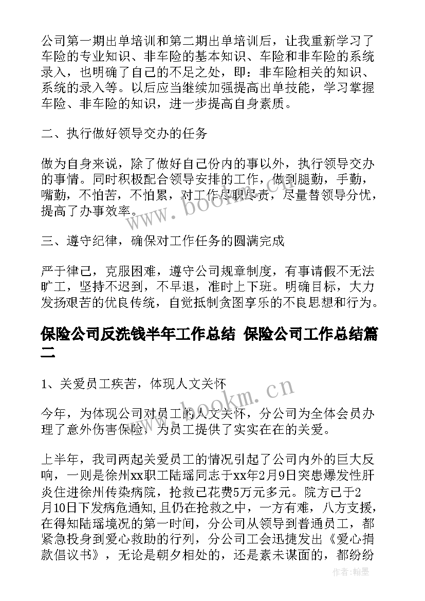 2023年保险公司反洗钱半年工作总结 保险公司工作总结(汇总10篇)