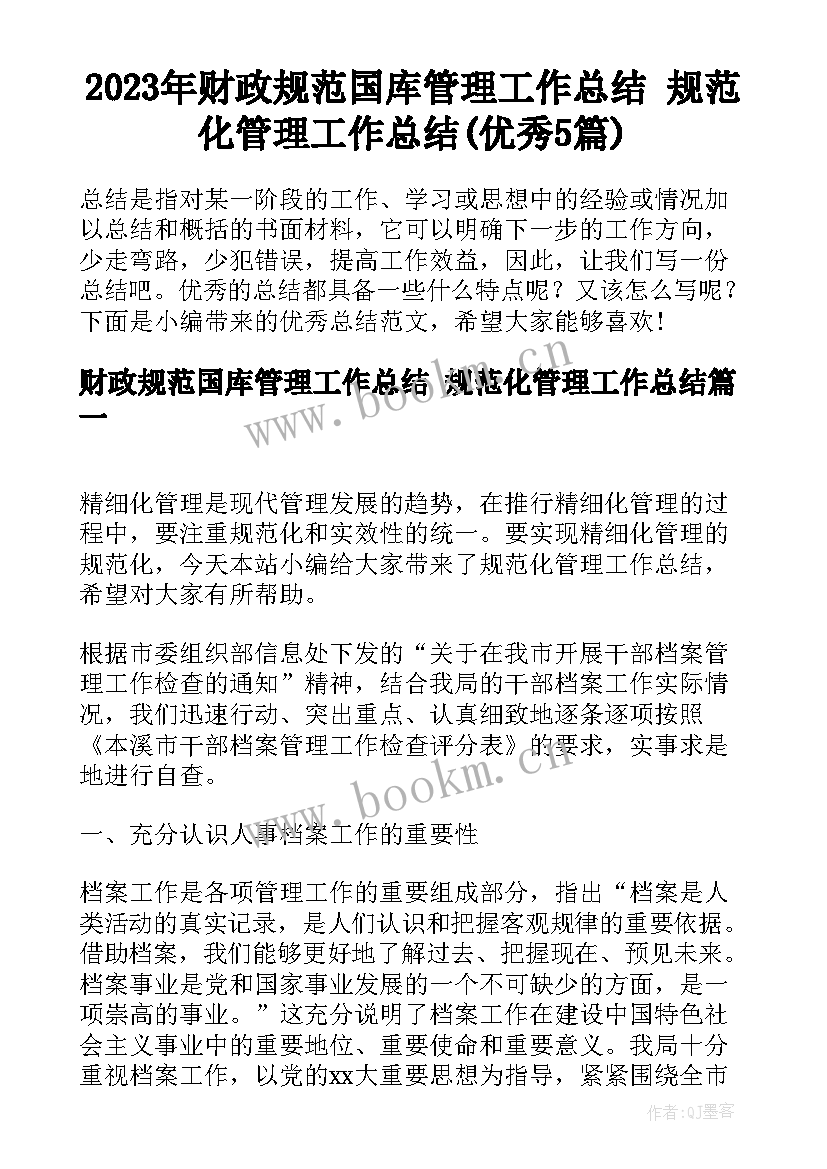 2023年财政规范国库管理工作总结 规范化管理工作总结(优秀5篇)