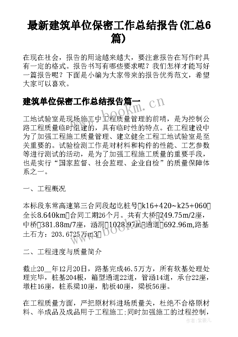 最新建筑单位保密工作总结报告(汇总6篇)