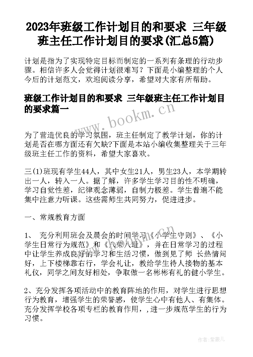 2023年班级工作计划目的和要求 三年级班主任工作计划目的要求(汇总5篇)