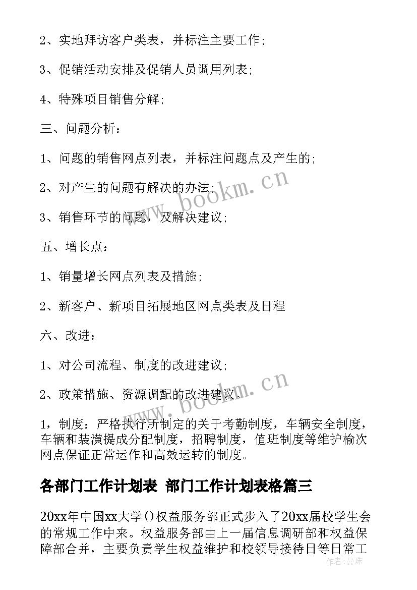 最新各部门工作计划表 部门工作计划表格(通用5篇)