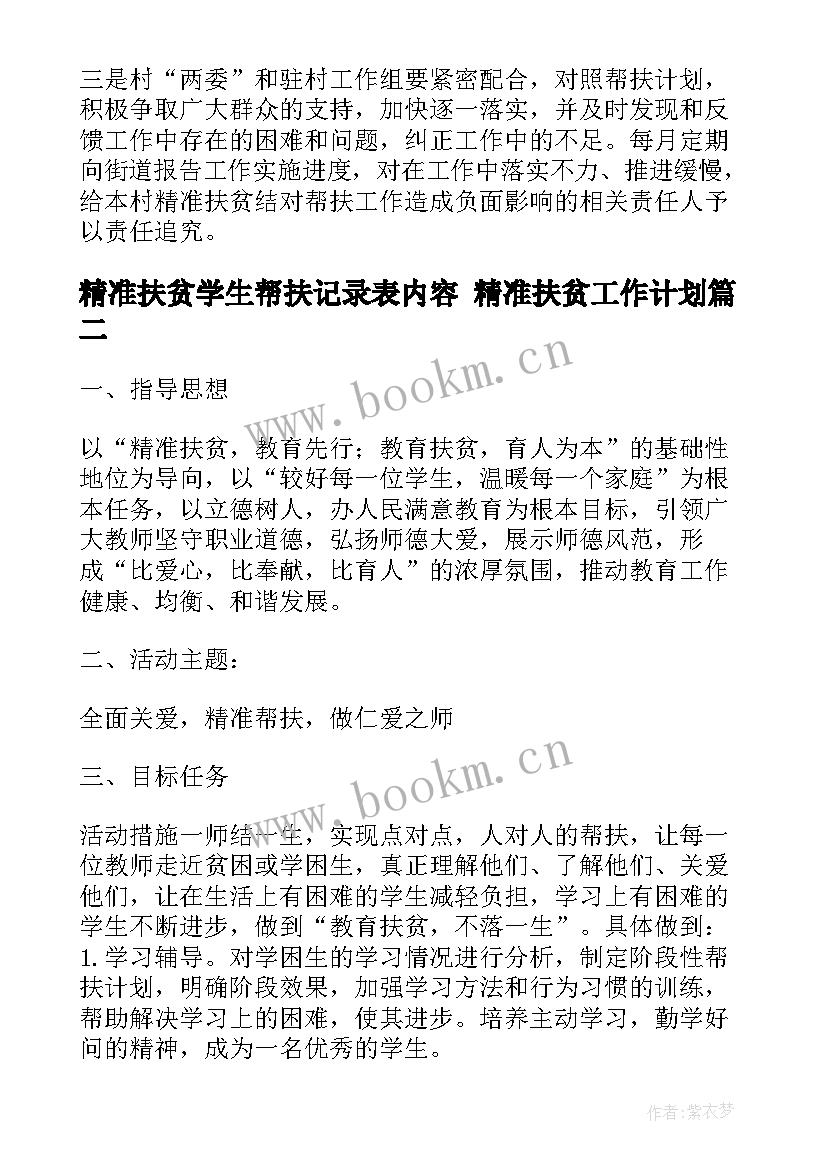 精准扶贫学生帮扶记录表内容 精准扶贫工作计划(优秀7篇)