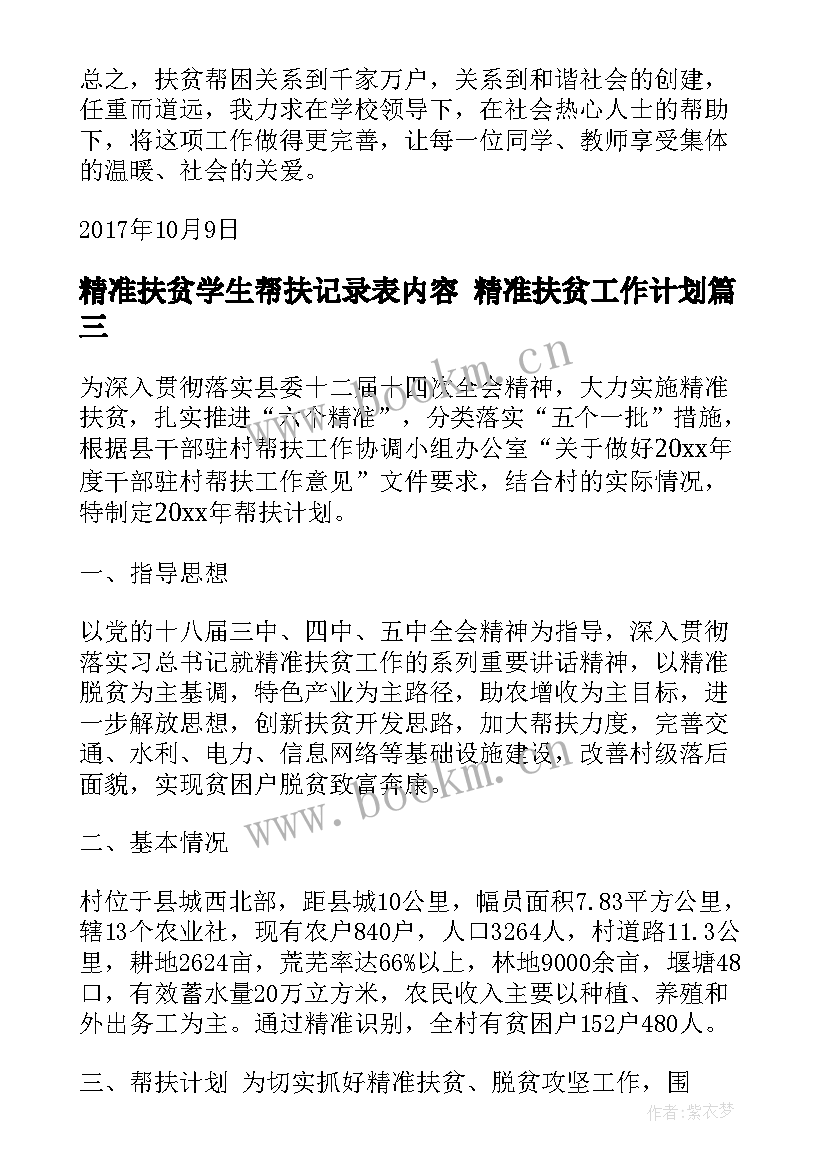 精准扶贫学生帮扶记录表内容 精准扶贫工作计划(优秀7篇)