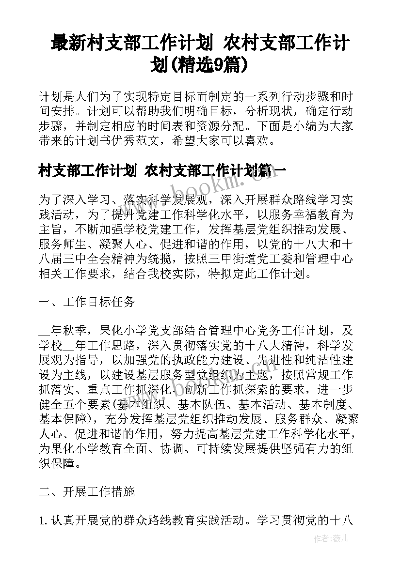 最新村支部工作计划 农村支部工作计划(精选9篇)