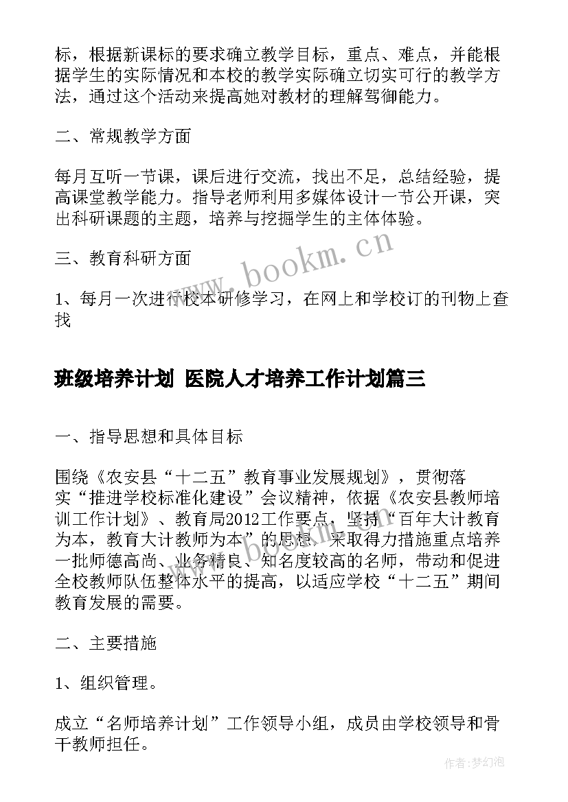 2023年班级培养计划 医院人才培养工作计划(大全5篇)