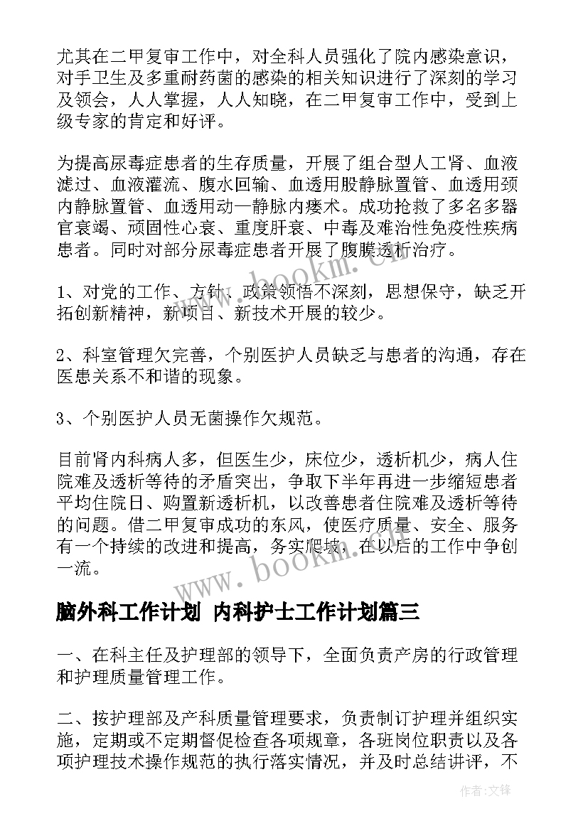 最新脑外科工作计划 内科护士工作计划(实用7篇)