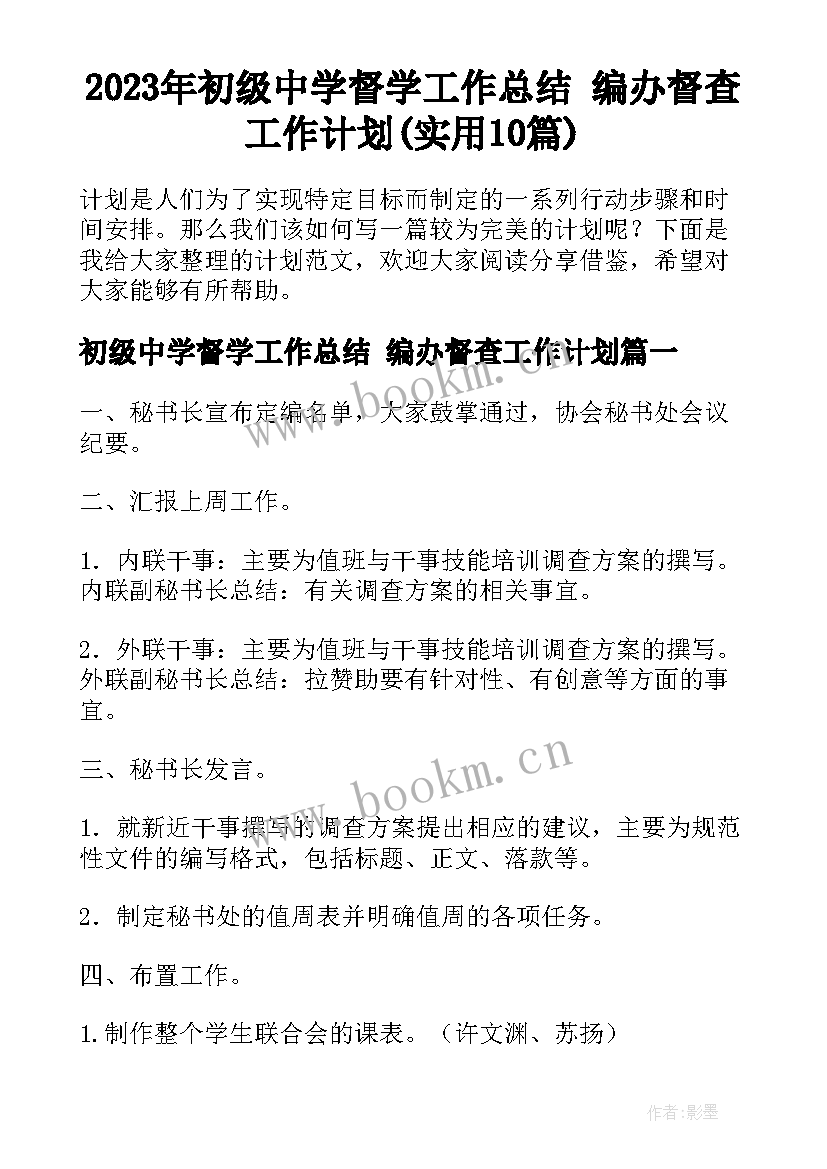 2023年初级中学督学工作总结 编办督查工作计划(实用10篇)