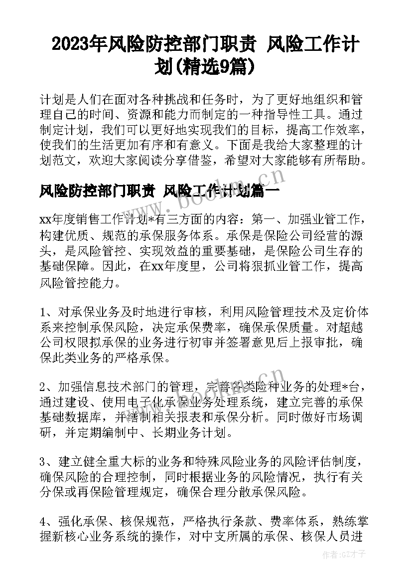 2023年风险防控部门职责 风险工作计划(精选9篇)