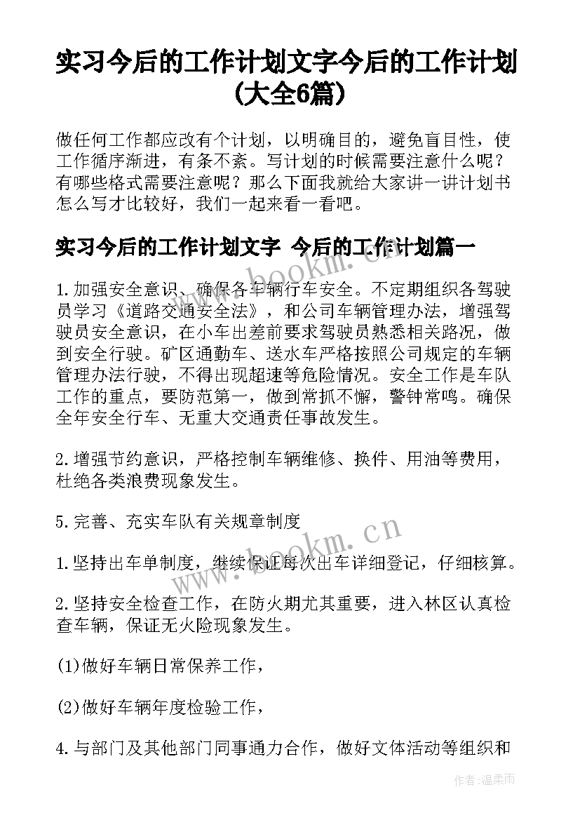 实习今后的工作计划文字 今后的工作计划(大全6篇)