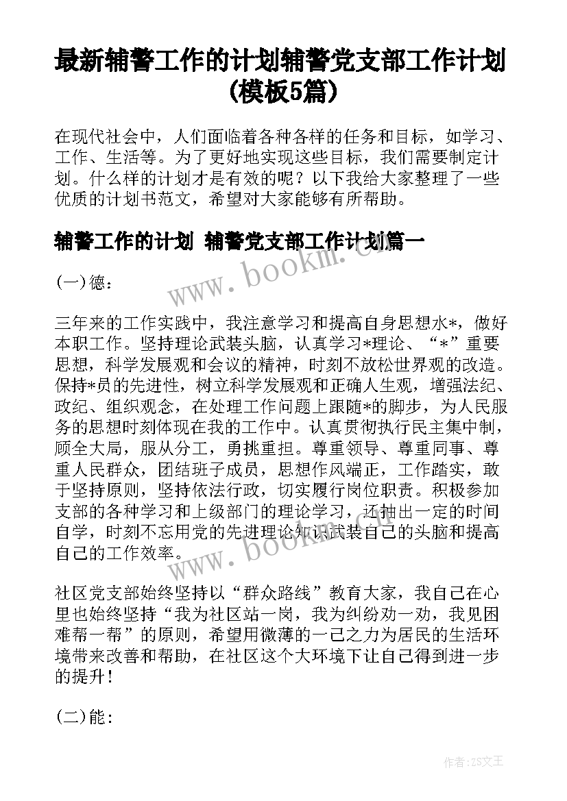 最新辅警工作的计划 辅警党支部工作计划(模板5篇)