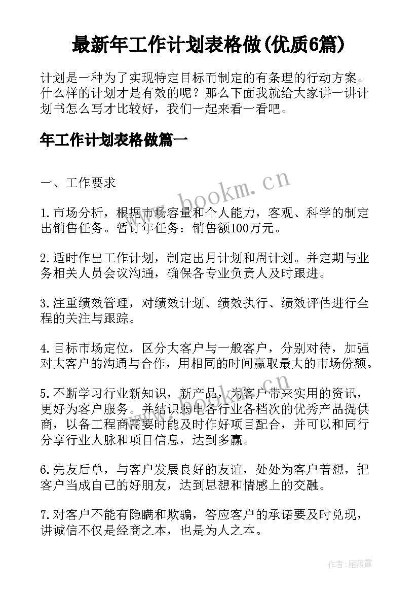 最新年工作计划表格做(优质6篇)