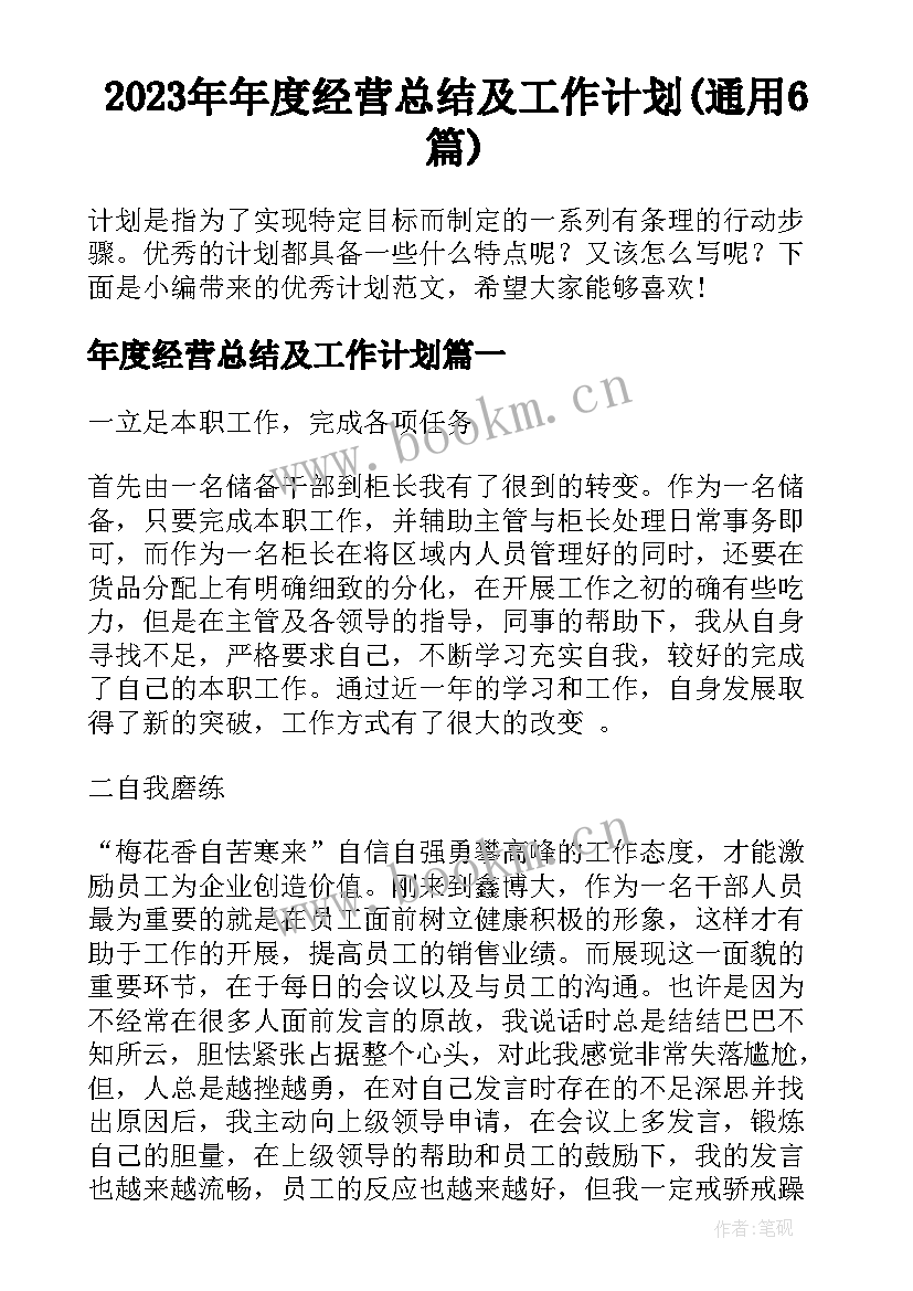 2023年年度经营总结及工作计划(通用6篇)