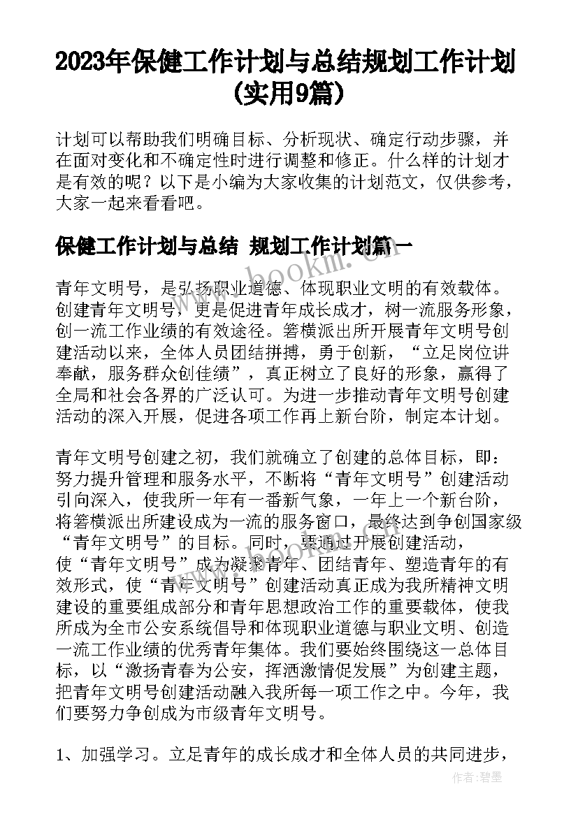 2023年保健工作计划与总结 规划工作计划(实用9篇)