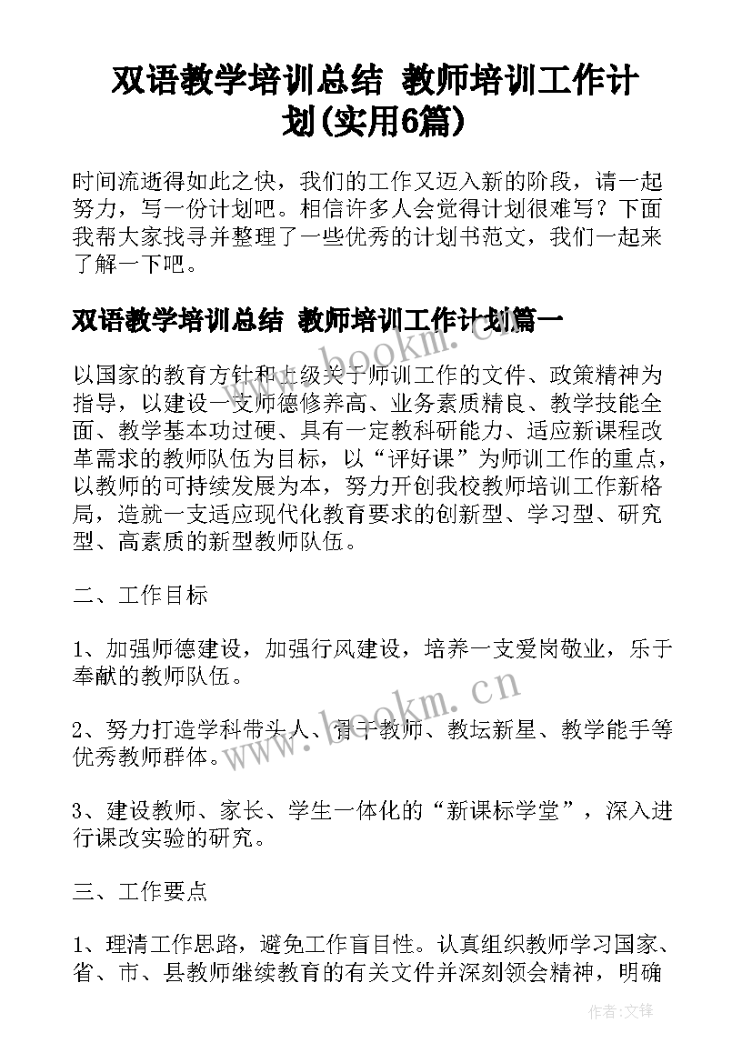 双语教学培训总结 教师培训工作计划(实用6篇)