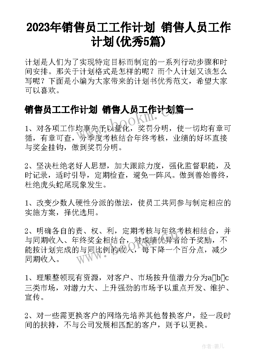 2023年销售员工工作计划 销售人员工作计划(优秀5篇)