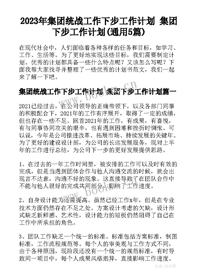 2023年集团统战工作下步工作计划 集团下步工作计划(通用5篇)