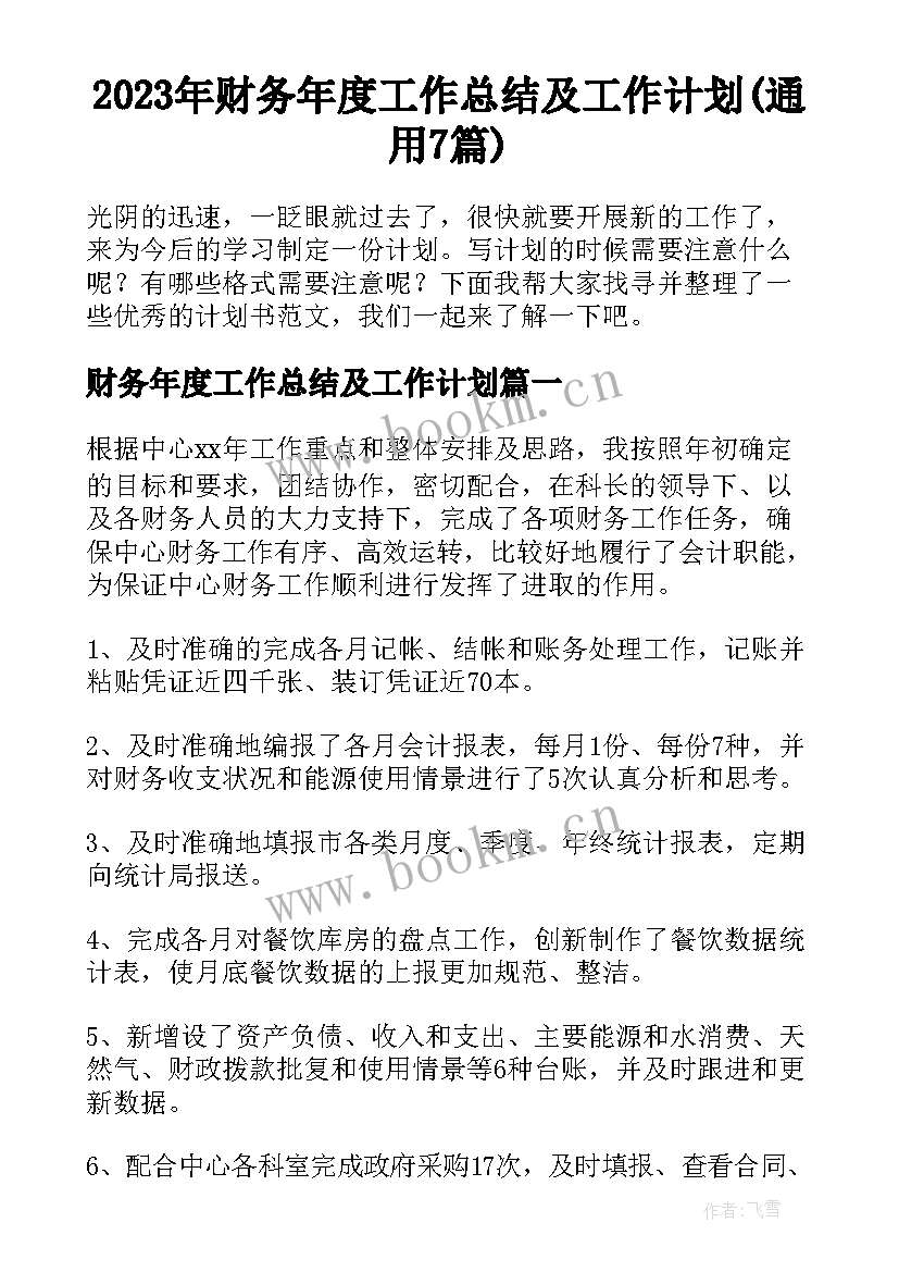 2023年财务年度工作总结及工作计划(通用7篇)