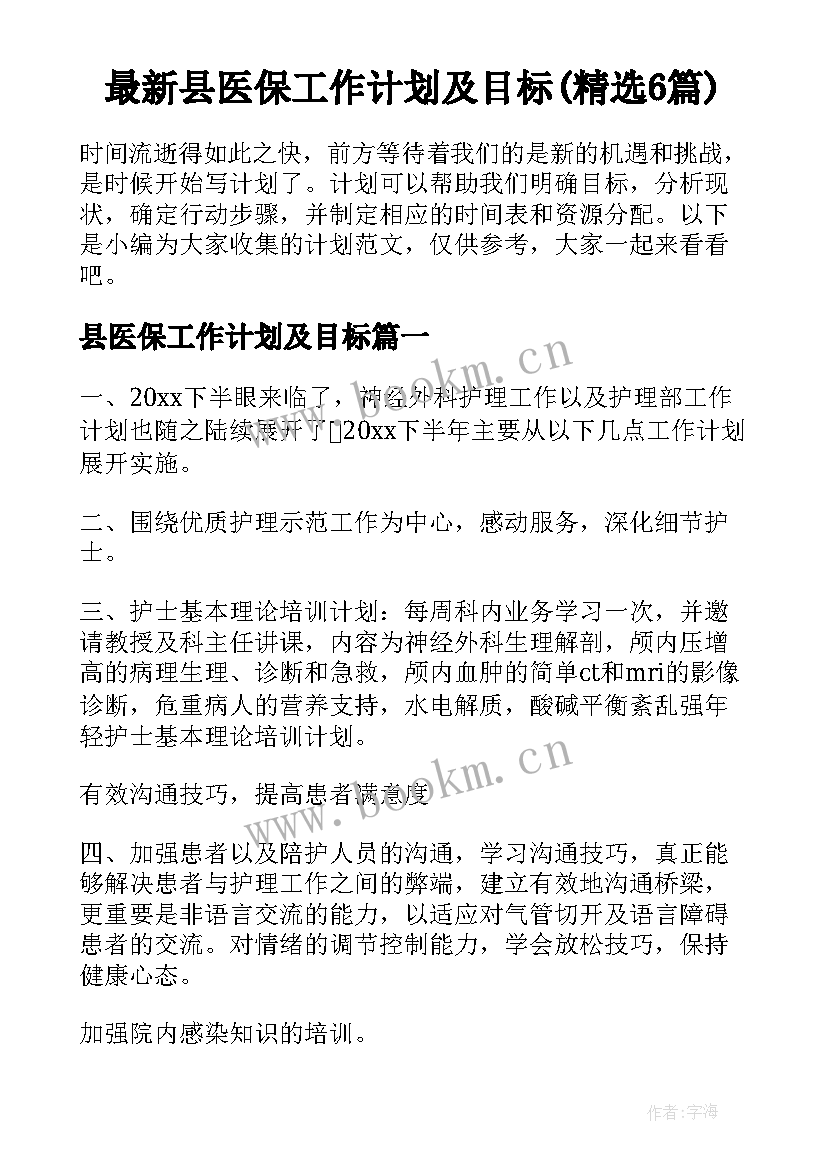 最新县医保工作计划及目标(精选6篇)